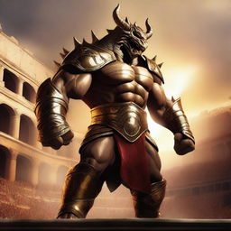 A massive, muscular gold dragonborn gladiator stands in a grand colosseum, reminiscent of the Attitude Era of wrestling