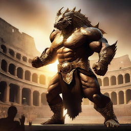 A massive, muscular gold dragonborn wrestler stands in a grand colosseum, ready for battle