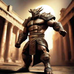 A massive, muscular gold dragonborn wrestler stands in a grand colosseum, ready for battle