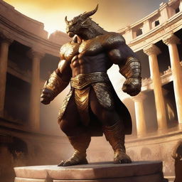 A massive, muscular gold dragonborn wrestler stands in a grand colosseum, ready for battle