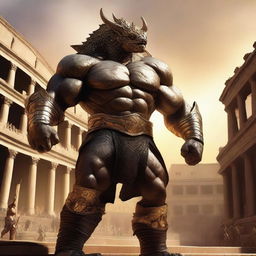 A massive, muscular gold dragonborn wrestler stands in a grand colosseum, ready for battle