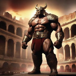 A massive, muscular wrestler with gold and crimson dragonborn features stands in a grand colosseum, ready for battle