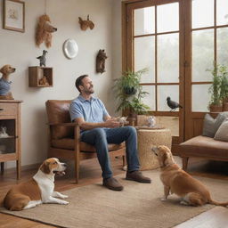 A relaxed scene featuring a man in casual attire joyously interacting with various pets including dogs, cats, and birds in an indoor setting.