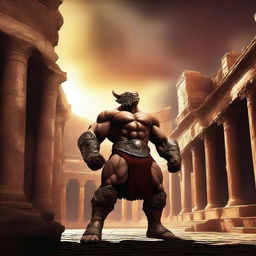 A massive, muscular wrestler with gold and crimson dragonborn features stands in a grand colosseum, ready for battle