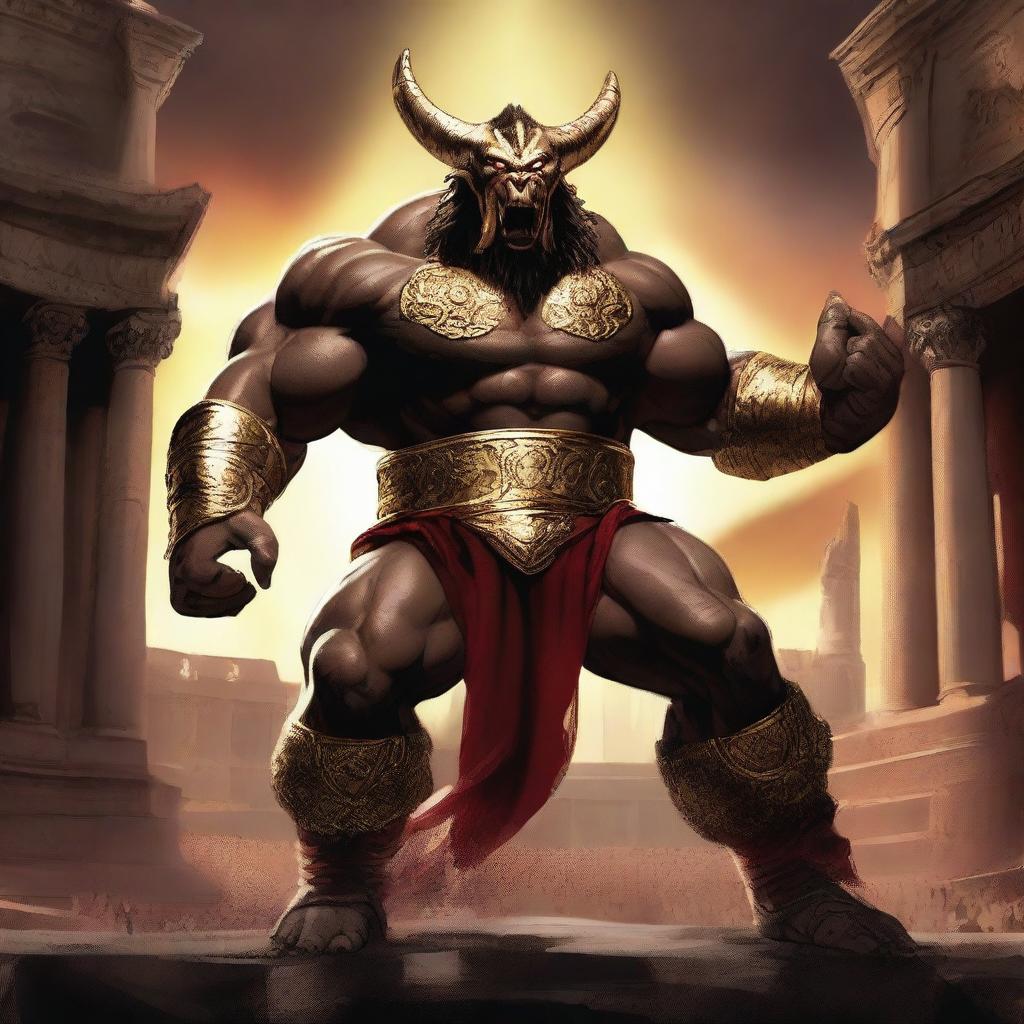 A massive, muscular wrestler with gold and crimson dragonborn features stands in a grand colosseum, ready for battle