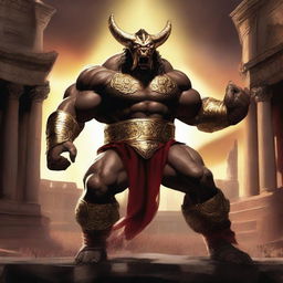 A massive, muscular wrestler with gold and crimson dragonborn features stands in a grand colosseum, ready for battle