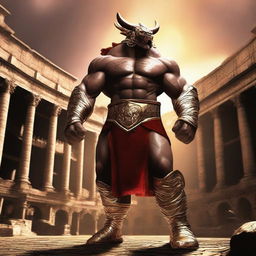 A massive, muscular wrestler with gold and crimson dragonborn features stands in a grand colosseum, ready for battle