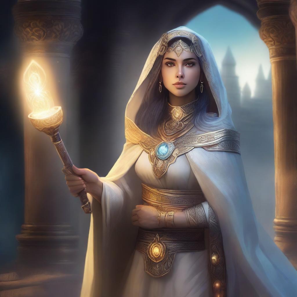 A female cleric kalashtar character, depicted in a high-fantasy setting