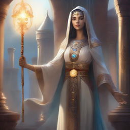 A female cleric kalashtar character, depicted in a high-fantasy setting