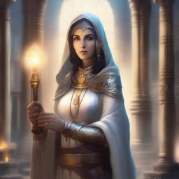 A female cleric kalashtar character, depicted in a high-fantasy setting