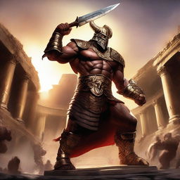 A massive, muscular gladiator with gold and crimson dragonborn features stands in a grand colosseum inspired by Greek mythology