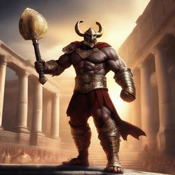 A massive, muscular gladiator with gold and crimson dragonborn features stands in a grand colosseum inspired by Greek mythology