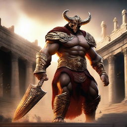 A massive, muscular gladiator with gold and crimson dragonborn features stands in a grand colosseum inspired by Greek mythology