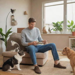 A relaxed scene featuring a man in casual attire joyously interacting with various pets including dogs, cats, and birds in an indoor setting.