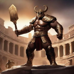 A massive, muscular gladiator with gold and crimson dragonborn features stands in a grand colosseum inspired by Greek mythology