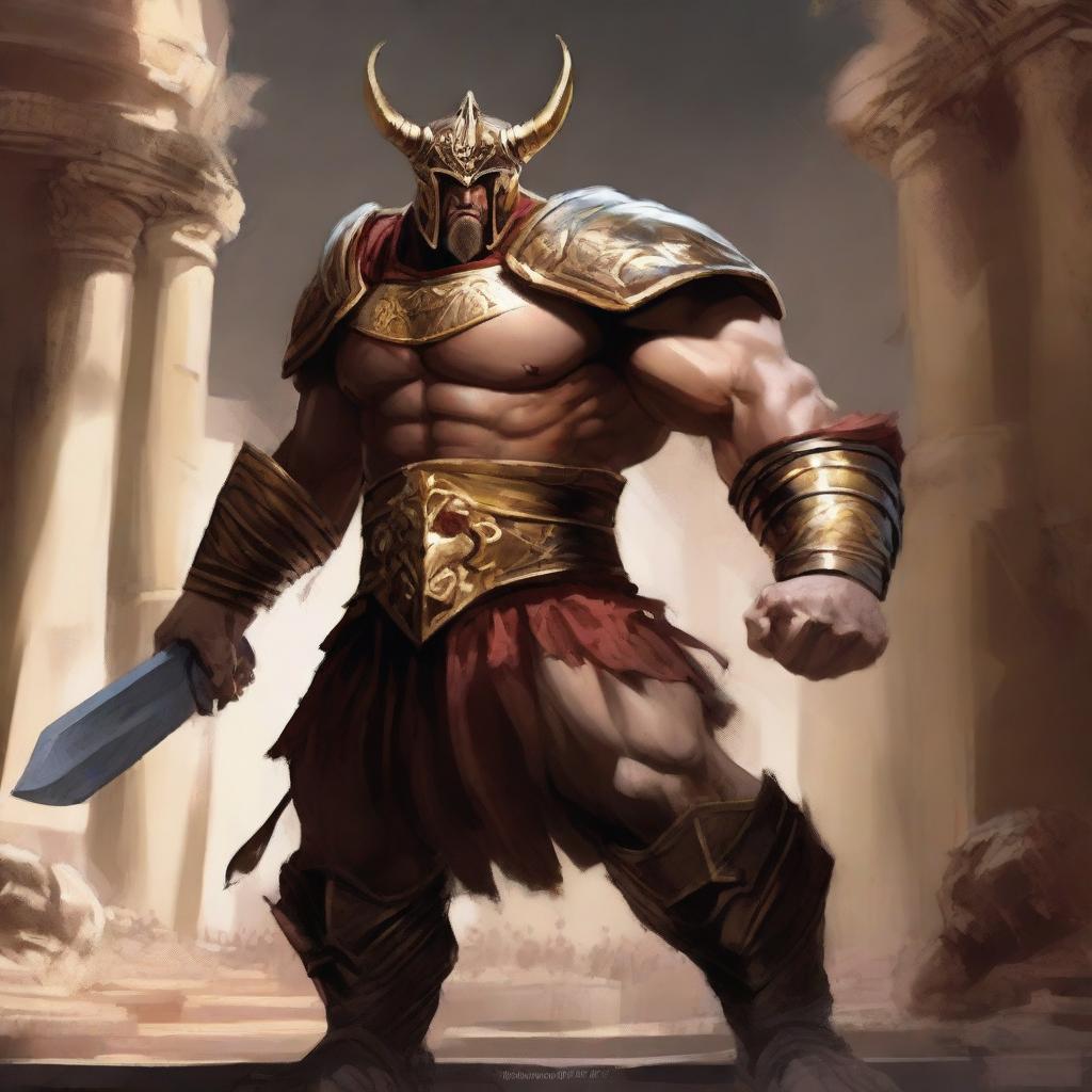 A massive, muscular gladiator with gold and crimson dragonborn features stands in a grand colosseum, ready for battle