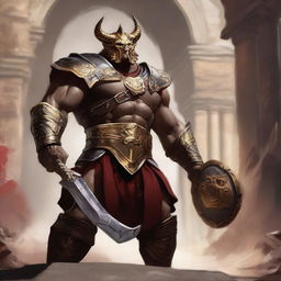 A massive, muscular gladiator with gold and crimson dragonborn features stands in a grand colosseum, ready for battle