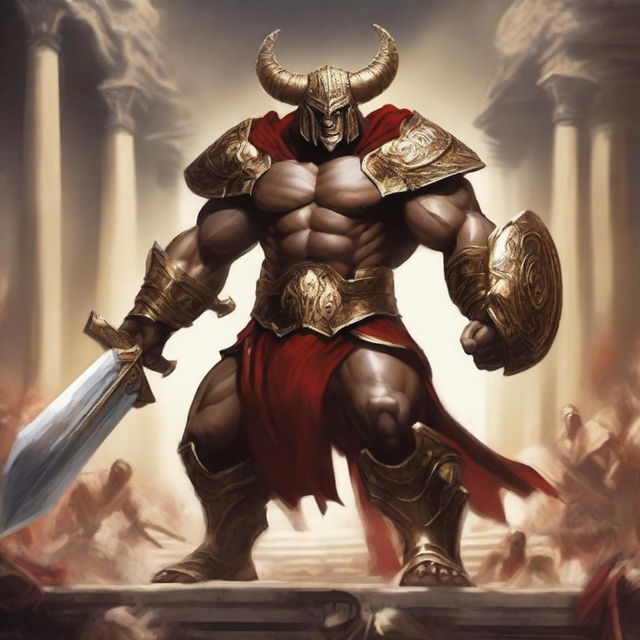 A massive, muscular gladiator with gold and crimson dragonborn features stands in a grand colosseum, ready for battle