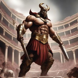 A massive, muscular gladiator with gold and crimson dragonborn features stands in a grand colosseum, ready for battle