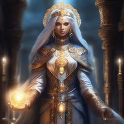 A female cleric Kalashtar character in a fantasy setting, depicted with a more magical appearance