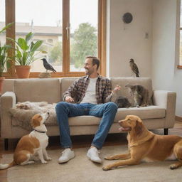 A relaxed scene featuring a man in casual attire joyously interacting with various pets including dogs, cats, and birds in an indoor setting.