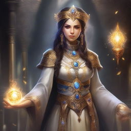 A female cleric Kalashtar character in a fantasy setting, depicted with a more magical appearance