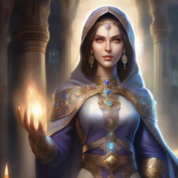 A female cleric Kalashtar character in a fantasy setting, depicted with a more magical appearance