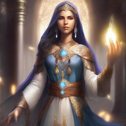 A female cleric Kalashtar character in a fantasy setting, depicted with a more magical appearance