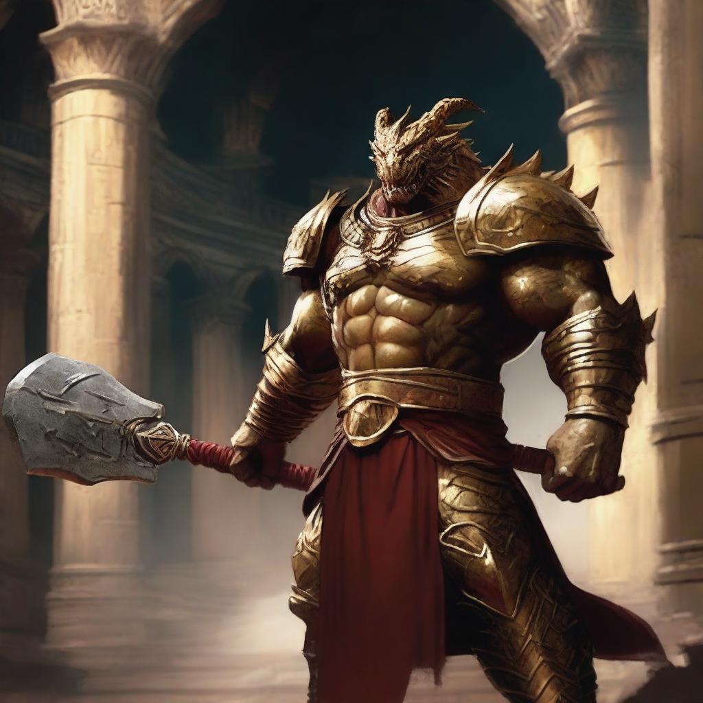 A massive, muscular gold and crimson dragonborn stands in a grand colosseum inspired by Greek mythology, ready for battle