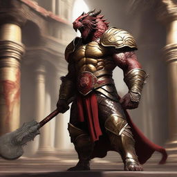 A massive, muscular gold and crimson dragonborn stands in a grand colosseum inspired by Greek mythology, ready for battle