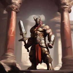 A massive, muscular gold and crimson dragonborn stands in a grand colosseum inspired by Greek mythology, ready for battle