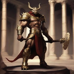 A massive, muscular gold and crimson dragonborn stands in a grand colosseum inspired by Greek mythology, ready for battle