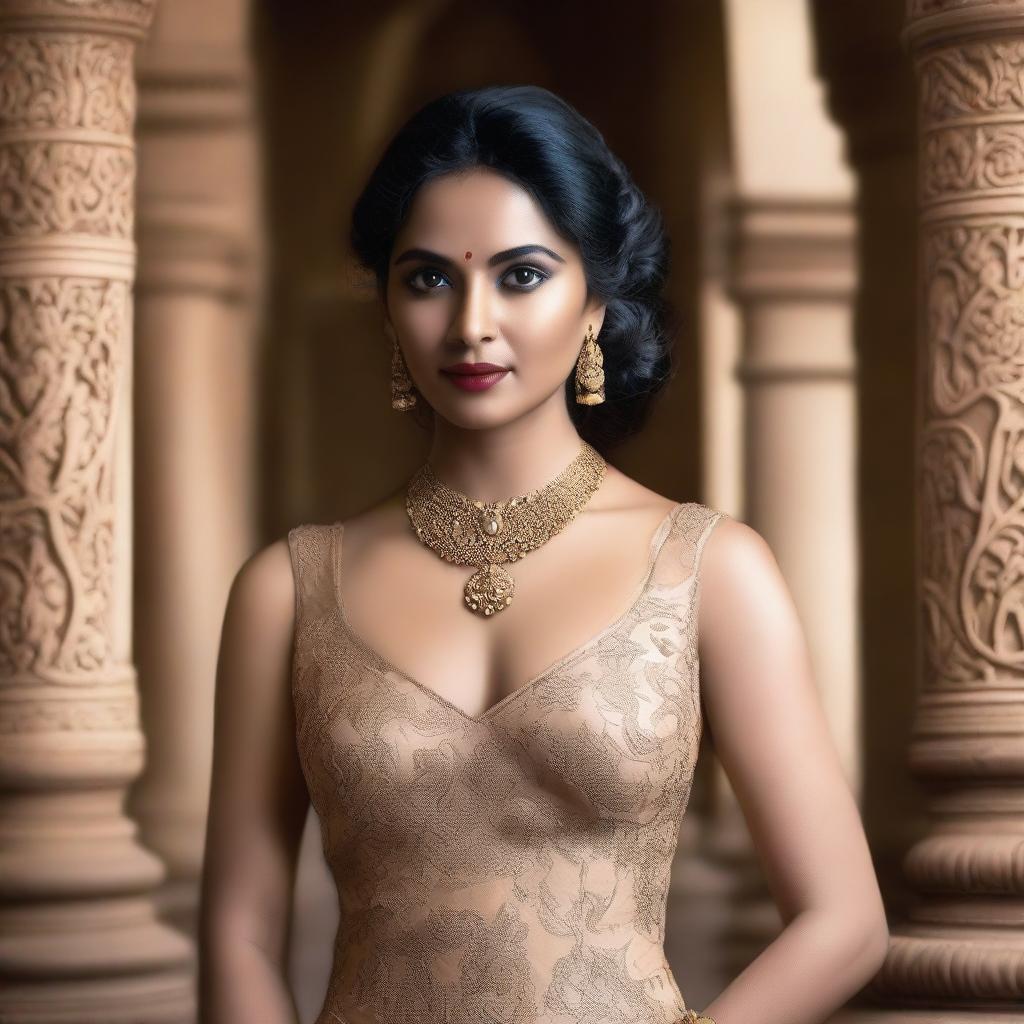 A detailed portrait of film director Lakshmi Dheeptha wearing a royal semi-nude dress