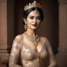 A detailed portrait of film director Lakshmi Dheeptha wearing a royal semi-nude dress