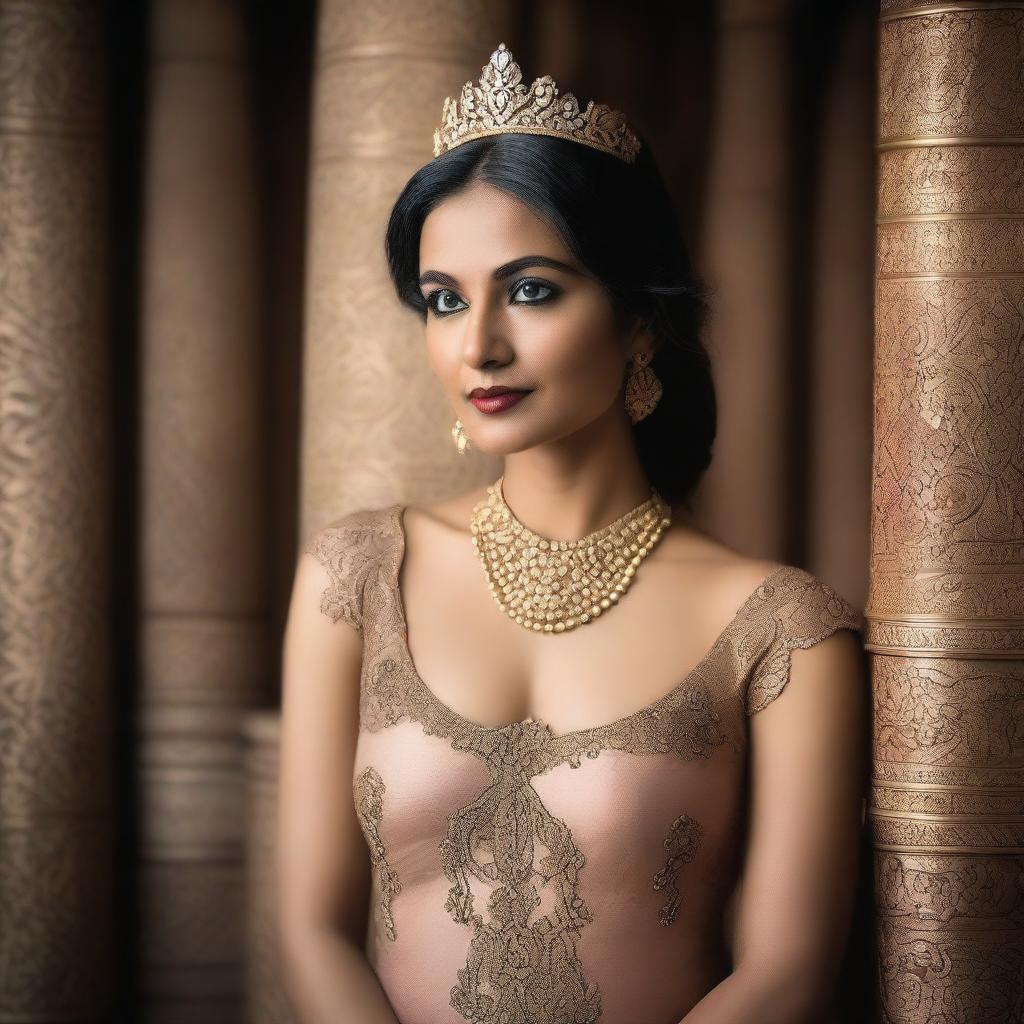 A portrait of film director Lakshmi Dheeptha wearing a royal semi-nude dress, exuding elegance and sophistication