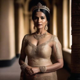 A portrait of film director Lakshmi Dheeptha wearing a royal semi-nude dress, exuding elegance and sophistication