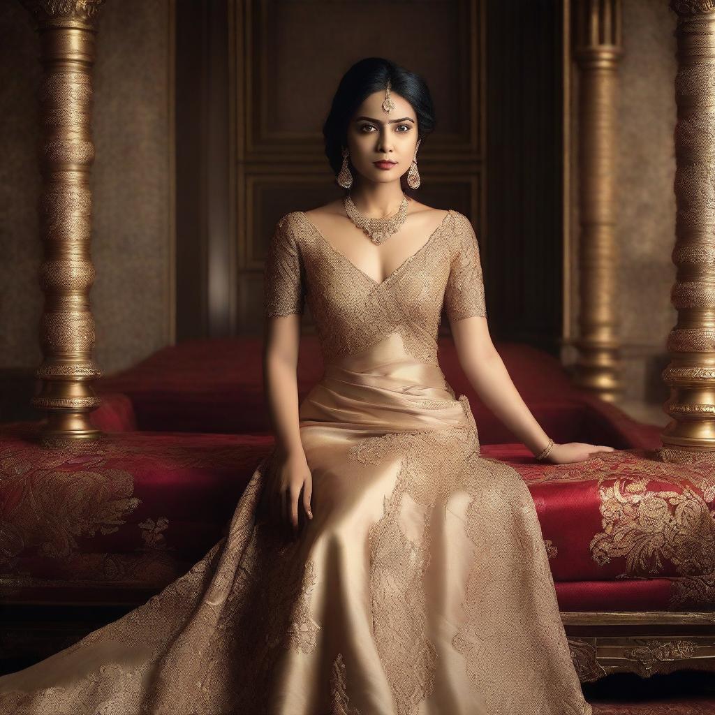 A portrait of film director Lakshmi Dheeptha wearing a royal semi-nude dress, exuding elegance and sophistication