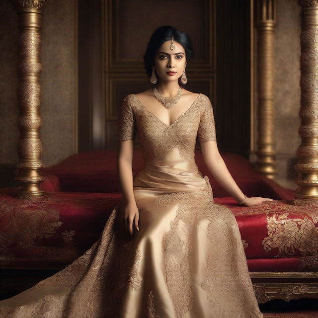 A portrait of film director Lakshmi Dheeptha wearing a royal semi-nude dress, exuding elegance and sophistication