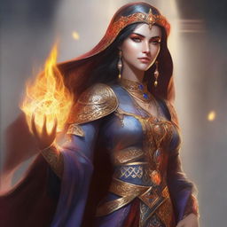 A female cleric Kalashtar character in a fantasy setting, depicted with a more magical appearance