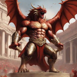 A massive, muscular dragon humanoid with gold and crimson scales stands in a grand colosseum, inspired by Greek mythology and high fantasy elements from Dungeons and Dragons