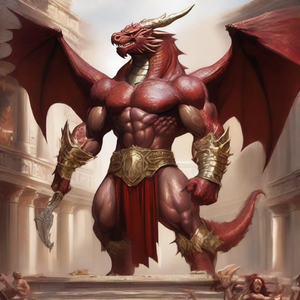 A massive, muscular dragon humanoid with gold and crimson scales stands in a grand colosseum, inspired by Greek mythology and high fantasy elements from Dungeons and Dragons