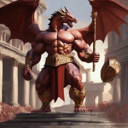 A massive, muscular dragon humanoid with gold and crimson scales stands in a grand colosseum, inspired by Greek mythology and high fantasy elements from Dungeons and Dragons