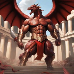 A massive, muscular dragon humanoid with gold and crimson scales stands in a grand colosseum, inspired by Greek mythology and high fantasy elements from Dungeons and Dragons