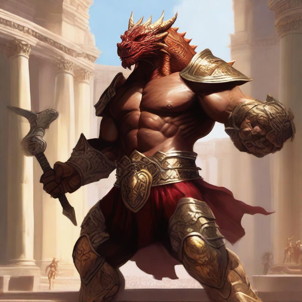 A massive, muscular dragonborn with gold and crimson scales stands in a grand colosseum, inspired by Greek mythology and high fantasy elements from Dungeons and Dragons