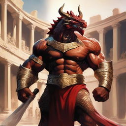 A massive, muscular dragonborn with gold and crimson scales stands in a grand colosseum, inspired by Greek mythology and high fantasy elements from Dungeons and Dragons