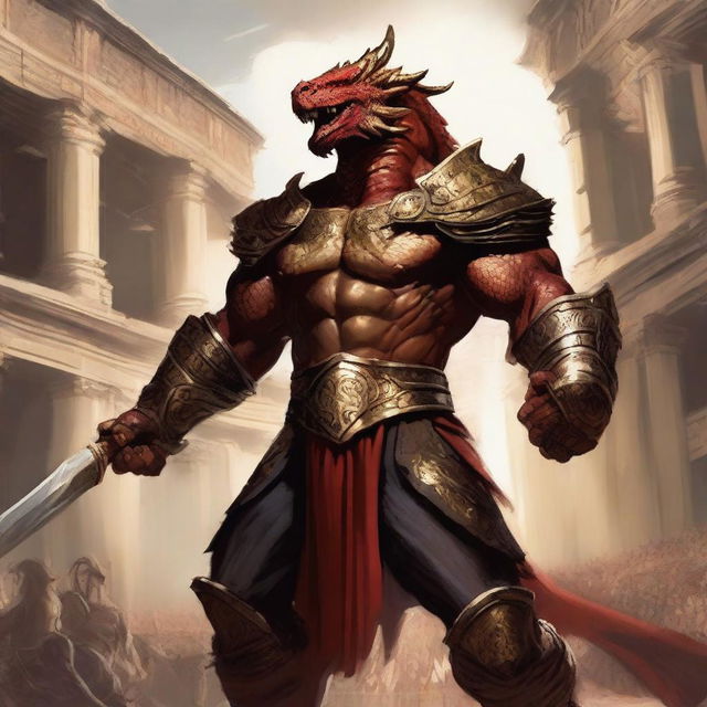 A massive, muscular dragonborn with gold and crimson scales stands in a grand colosseum, inspired by Greek mythology and high fantasy elements from Dungeons and Dragons