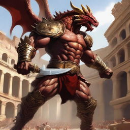 A massive, muscular dragonborn with gold and crimson scales stands in a grand colosseum, inspired by Greek mythology and high fantasy elements from Dungeons and Dragons