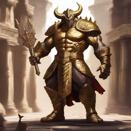 A massive, muscular gold dragonborn with shimmering scales stands in a grand colosseum, ready for battle