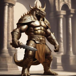 A massive, muscular gold dragonborn with shimmering scales stands in a grand colosseum, ready for battle