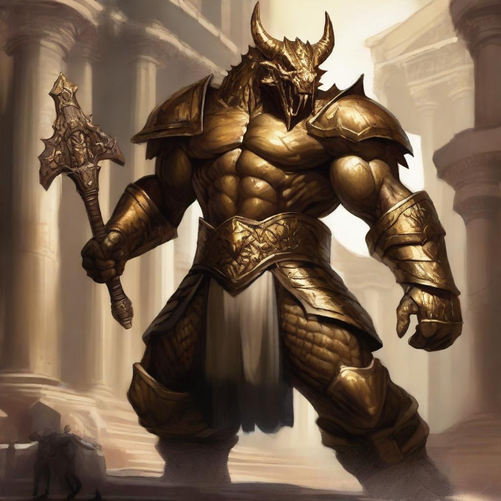 A massive, muscular gold dragonborn with shimmering scales stands in a grand colosseum, inspired by Greek mythology, Dungeons and Dragons 5e, and Pathfinder high fantasy elements